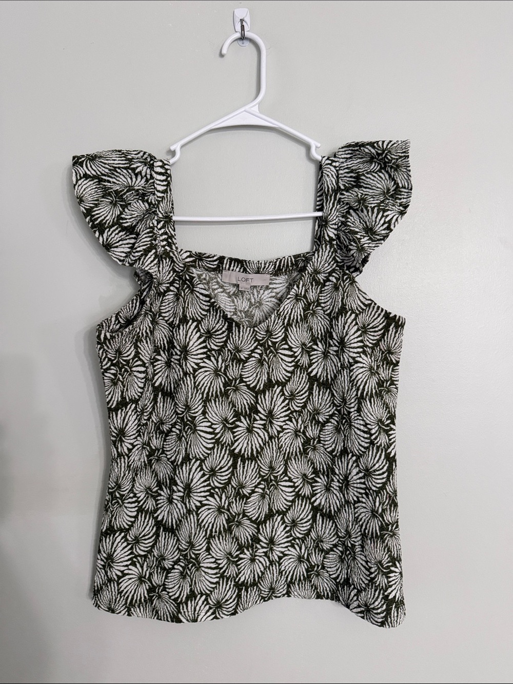 LOFT Olive & White Floral Flutter Tank
